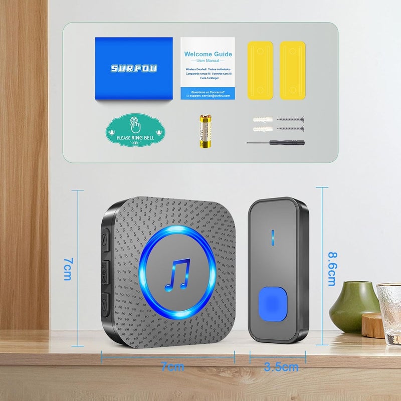 SURFOU Wireless Doorbell, Waterproof, Easy installation -1300ft Range 55 Chimes, 5 Adjustable Volume Levels - LED Flash (2 Buttons+1 Receiver) - Image 2
